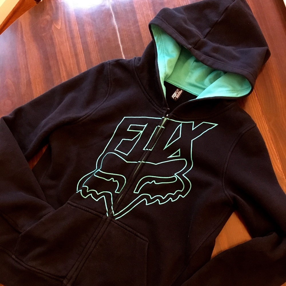 FOX Racing Women's Large Activewear Black Aqua Blue/Green Zippered Hoodie